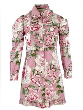 GUCCI NWT Shirt Dress Ruffle Frill Floral Peony Snake Pink SZ 40